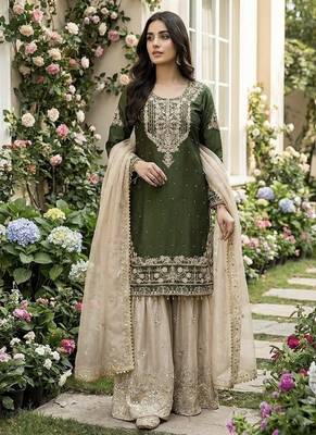 green embroidered silk kurta sharara set 1