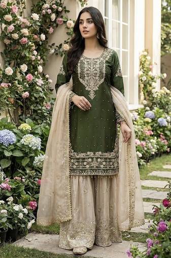 Green embroidered kurta sharara set with silk dupatta party wear