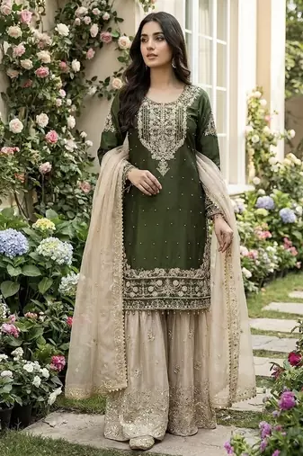 Green embroidered kurta sharara set with silk dupatta party wear