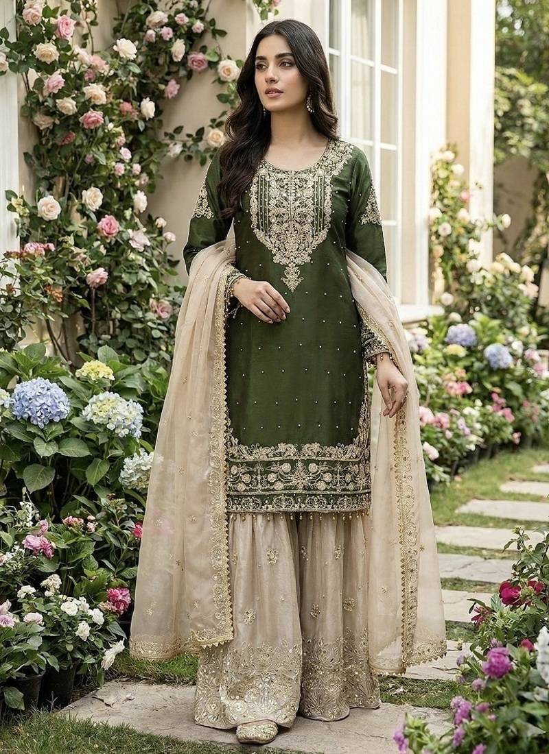 Green embroidered kurta sharara set with silk dupatta party wear