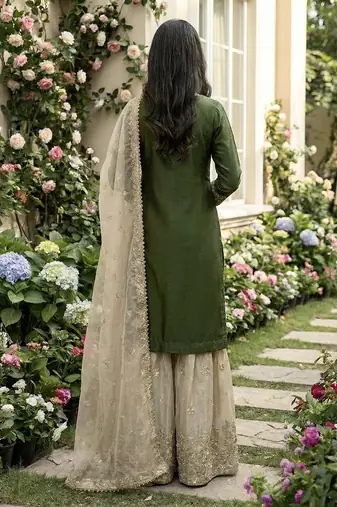 green embroidered silk kurta sharara set