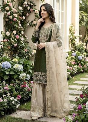green embroidered silk kurta sharara set 3