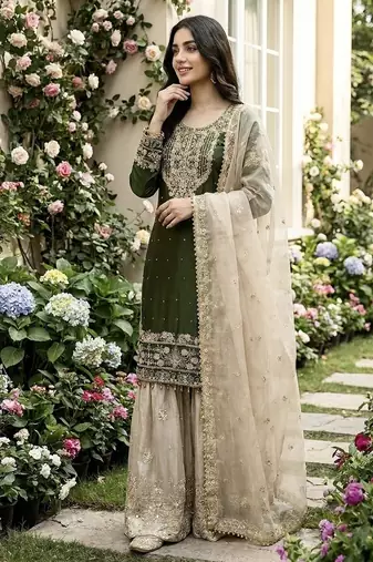 green embroidered silk kurta sharara set