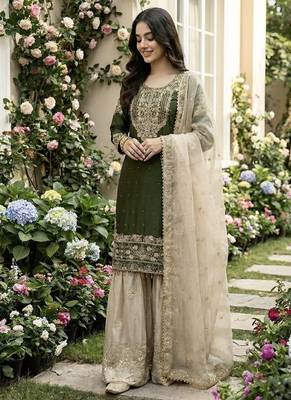 green embroidered silk kurta sharara set 4