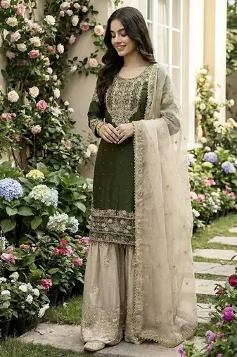 green embroidered silk kurta sharara set