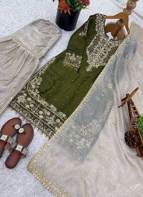 green embroidered silk kurta sharara set 5