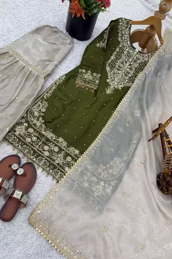 green embroidered silk kurta sharara set