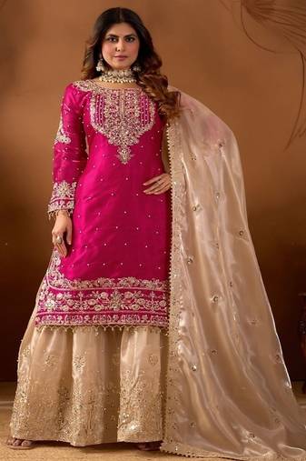Pink embroidered kurta sharara set with silk dupatta party wear