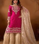 rani pink embroidered silk kurta sharara set