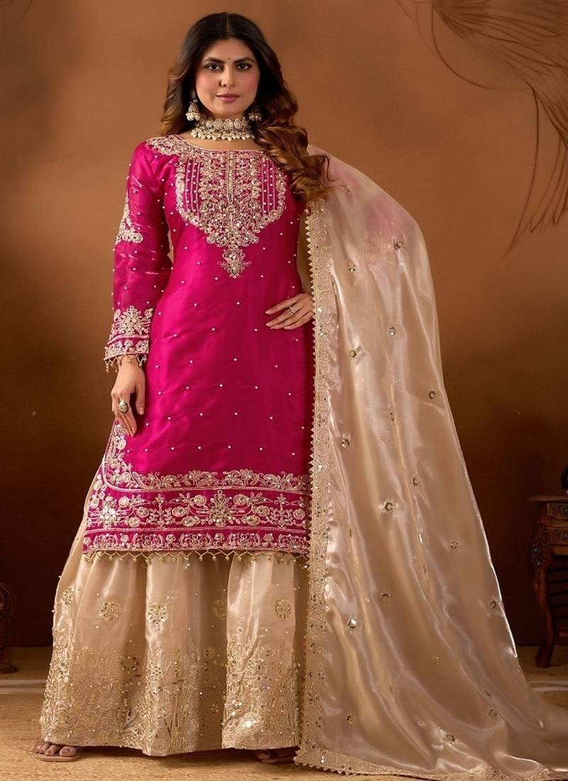 Pink embroidered kurta sharara set with silk dupatta party wear