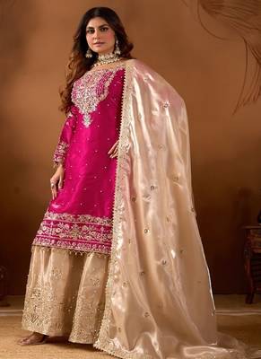 rani pink embroidered silk kurta sharara set 2