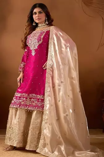 rani pink embroidered silk kurta sharara set