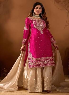 rani pink embroidered silk kurta sharara set 4