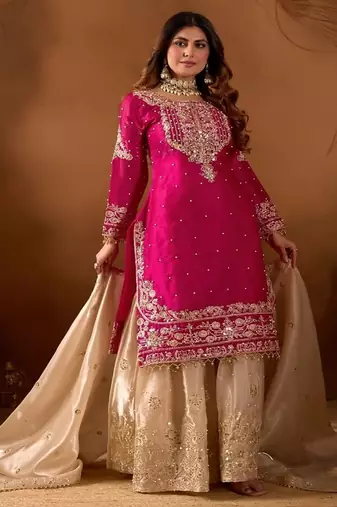 rani pink embroidered silk kurta sharara set