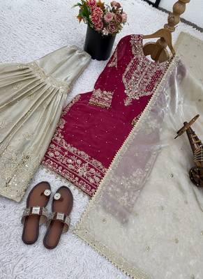 rani pink embroidered silk kurta sharara set 5