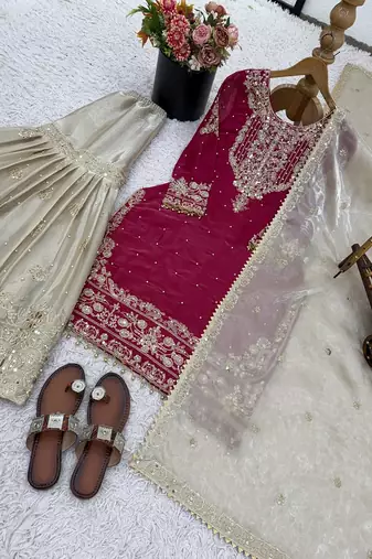 rani pink embroidered silk kurta sharara set