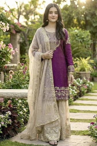 Wine embroidered kurta sharara set with silk dupatta party wear