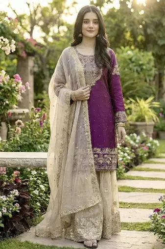 Wine embroidered kurta sharara set with silk dupatta party wear