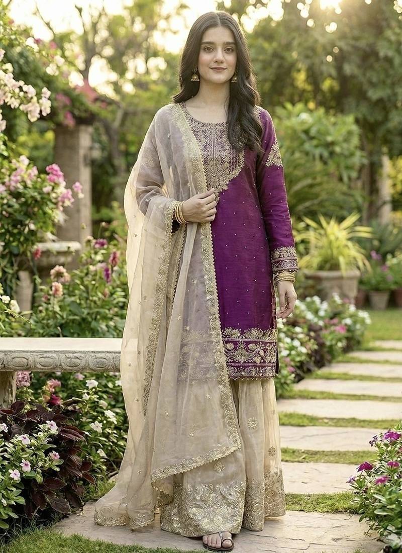 Wine embroidered kurta sharara set with silk dupatta party wear