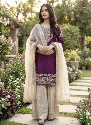 wine embroidered silk kurta sharara set 2