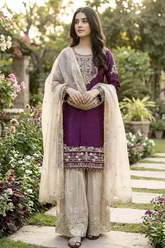 wine embroidered silk kurta sharara set