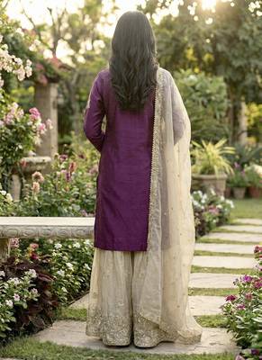 wine embroidered silk kurta sharara set 3