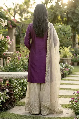 wine embroidered silk kurta sharara set