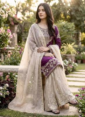 wine embroidered silk kurta sharara set 4