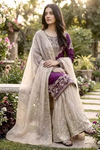 wine embroidered silk kurta sharara set