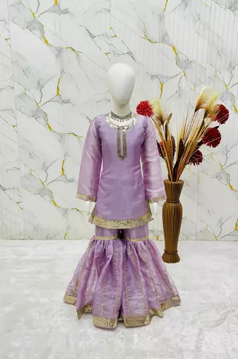 lavender embroidered silk girls sharara set