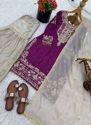 wine embroidered silk kurta sharara set 5