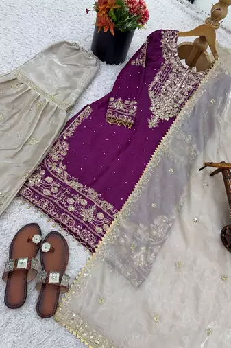 wine embroidered silk kurta sharara set