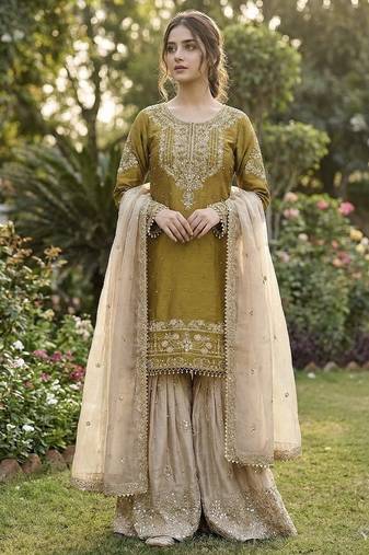 Yellow embroidered kurta sharara set with silk dupatta party wear