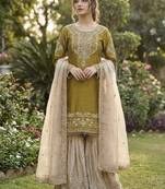 light yellow embroidered silk kurta sharara set