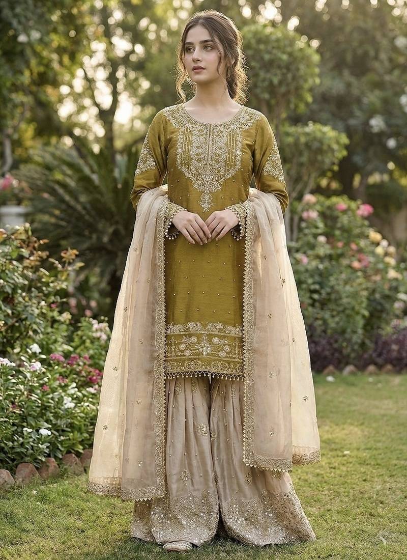 Yellow embroidered kurta sharara set with silk dupatta party wear