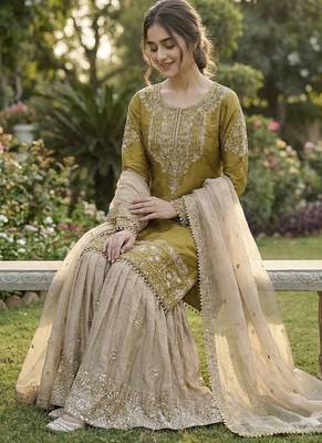 light yellow embroidered silk kurta sharara set 2