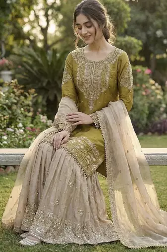light yellow embroidered silk kurta sharara set