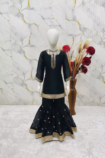 black embroidered silk girls sharara set