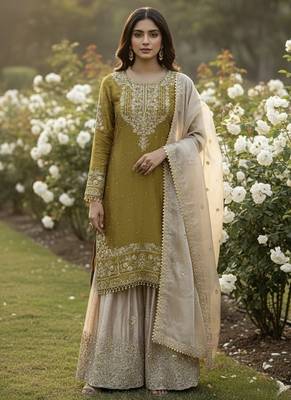 light yellow embroidered silk kurta sharara set 3