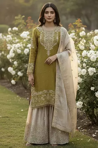 light yellow embroidered silk kurta sharara set