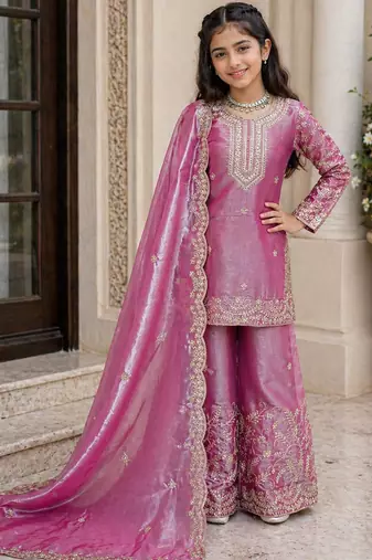 light pink embroidered silk girls sharara set