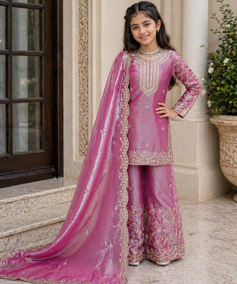 light pink embroidered silk girls sharara set