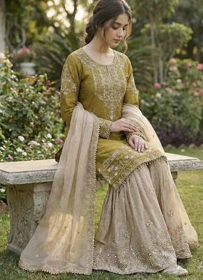 light yellow embroidered silk kurta sharara set 4