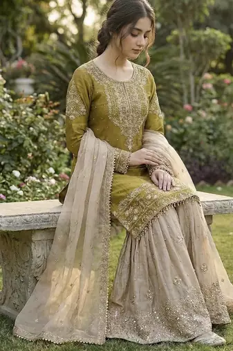 light yellow embroidered silk kurta sharara set
