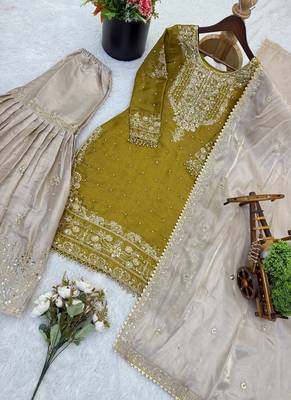 light yellow embroidered silk kurta sharara set 5