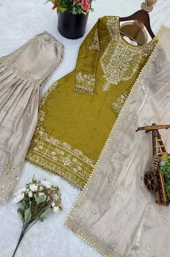 light yellow embroidered silk kurta sharara set