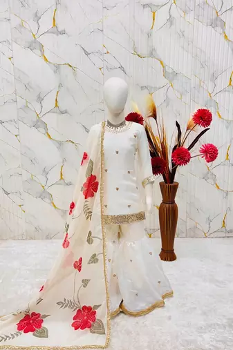Off white silk girls sharara set