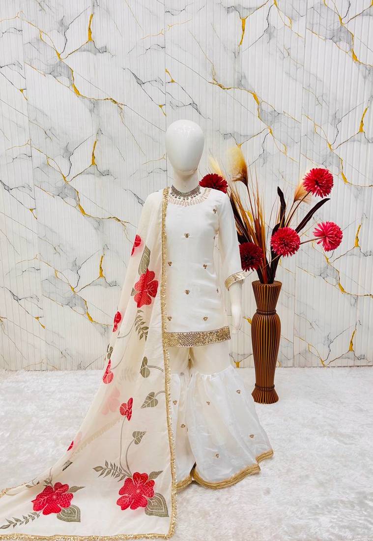 Off white silk girls sharara set