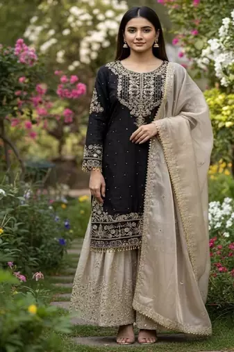 Black embroidered kurta sharara set with silk dupatta party wear