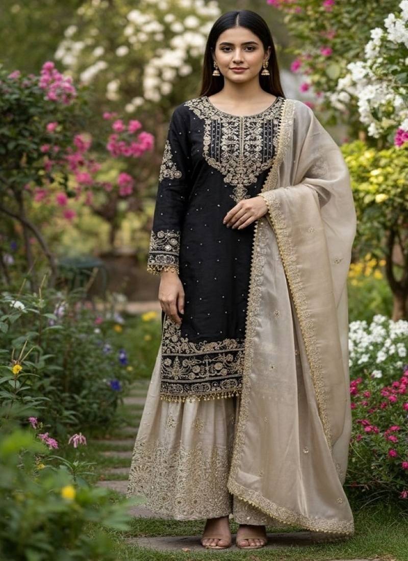 Black embroidered kurta sharara set with silk dupatta party wear